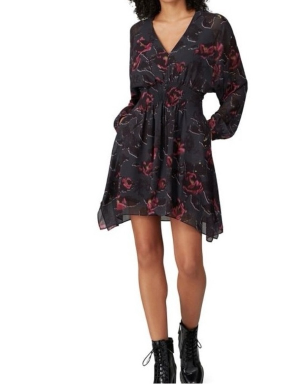 All Saints Nichola Rosalyn floral smocked dolman sleeve mini dress. Size medium.